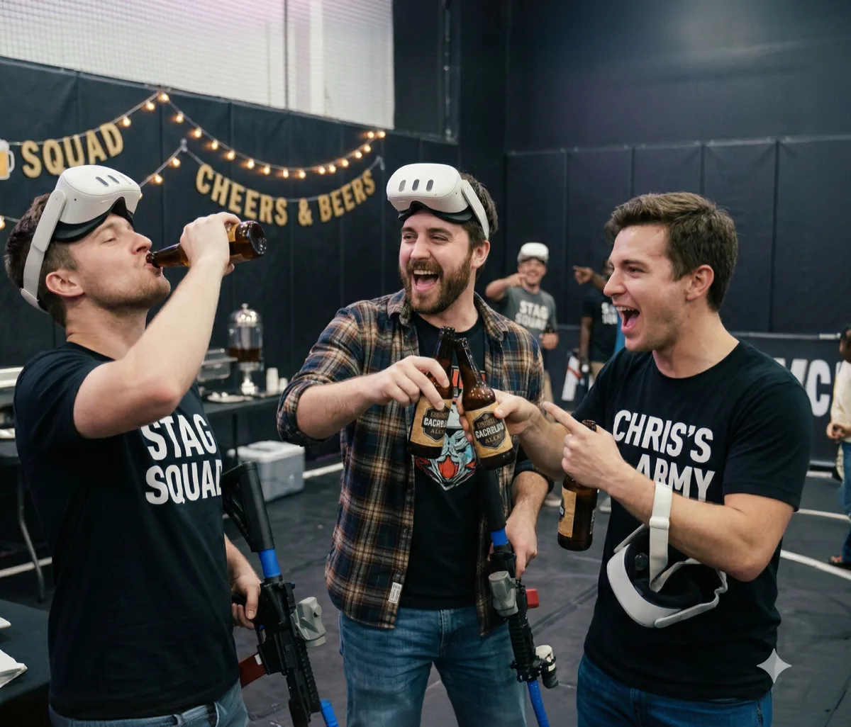 Group of friends celebrating during a bachelor party at Combatica